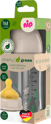 NIP Baby bottle made of glass cherry green latex Gr. M, beige, from birth, 240 ml, 1 pc