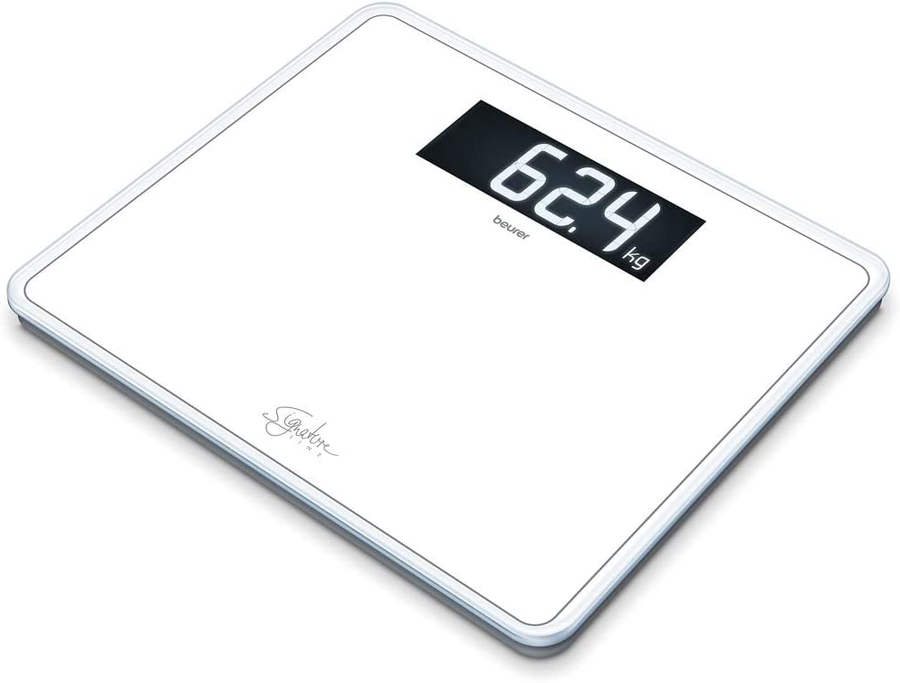 Beurer GS 410 White Signature Line Glass / Bathroom Scales with Extra Large Tread Surface Made of Super White Safety Glass, Stylish Black Display in XXL Format and Load Capacity up to 200 kg