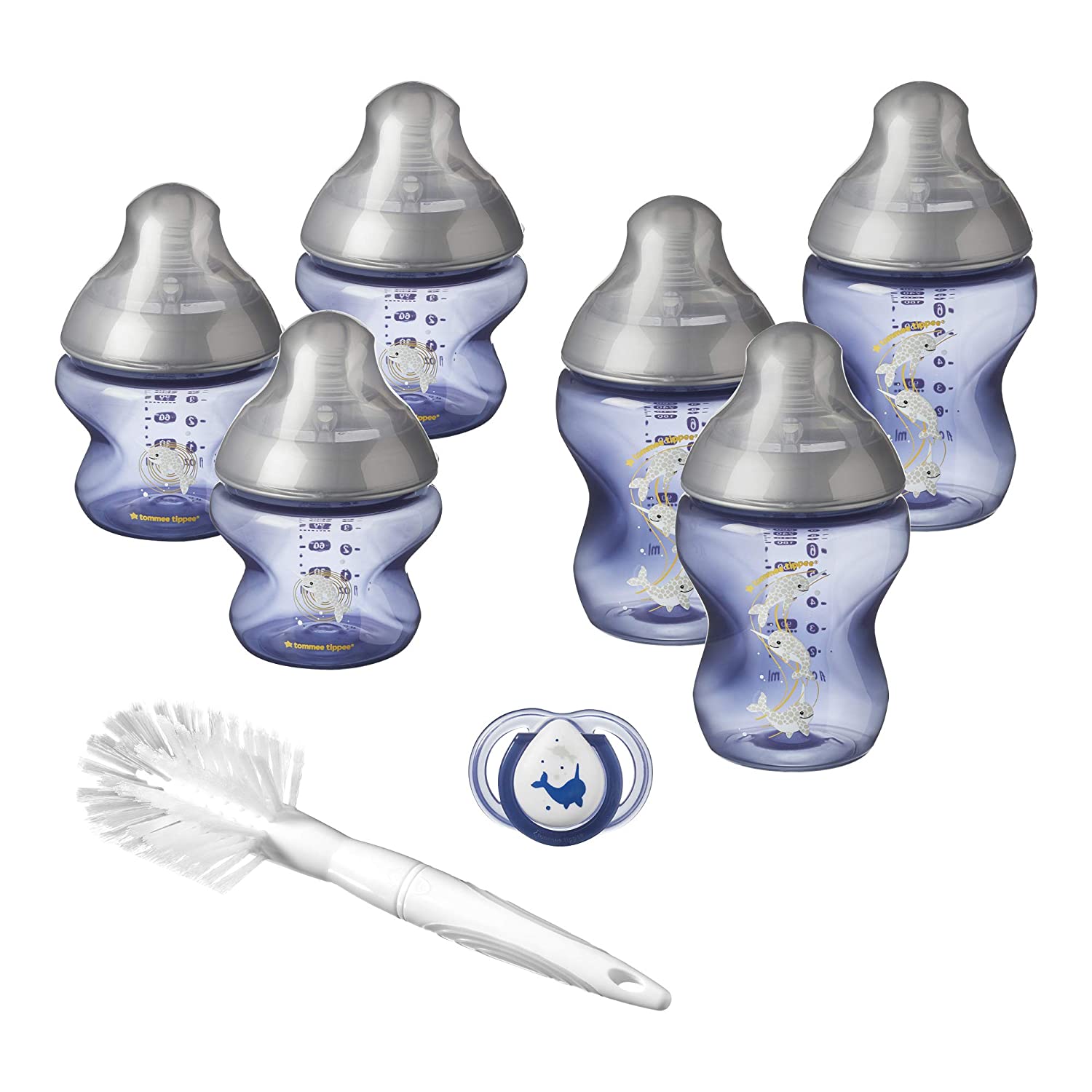 Tommee Tippee Closer to Nature® New Born Bottle Starter Kit Breast Like Teat with Anti Colic Valve, Blue Narwhal Decoration
