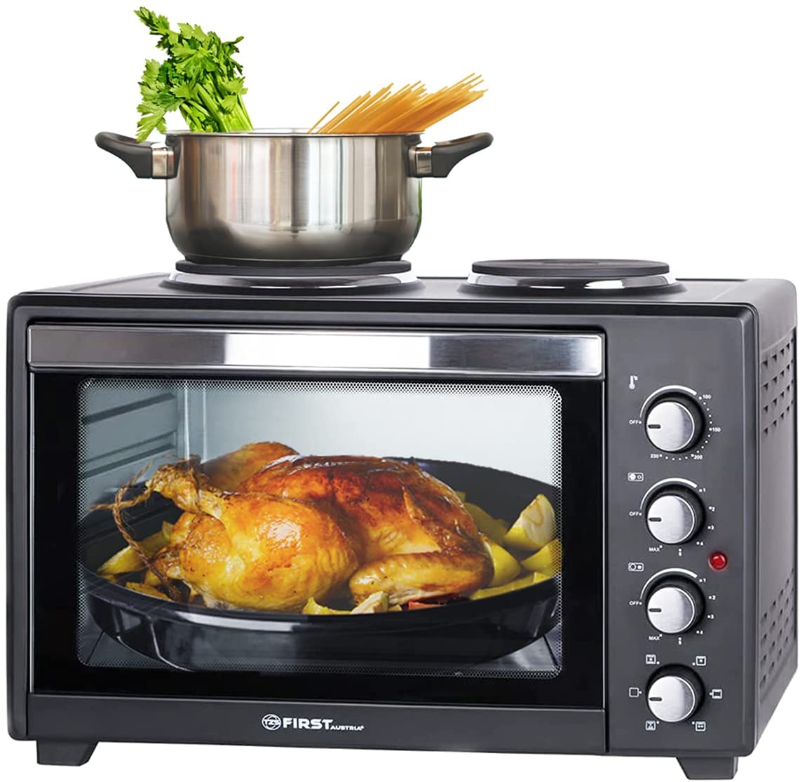 TZS First Austria - 45 Litre 3200 Watt Mini Oven with Hobs and Crumb Plate Rotisserie and Circulation Mini Pizza Oven Mini Kitchen Can be Used Separately Cooking and Baking at the same time