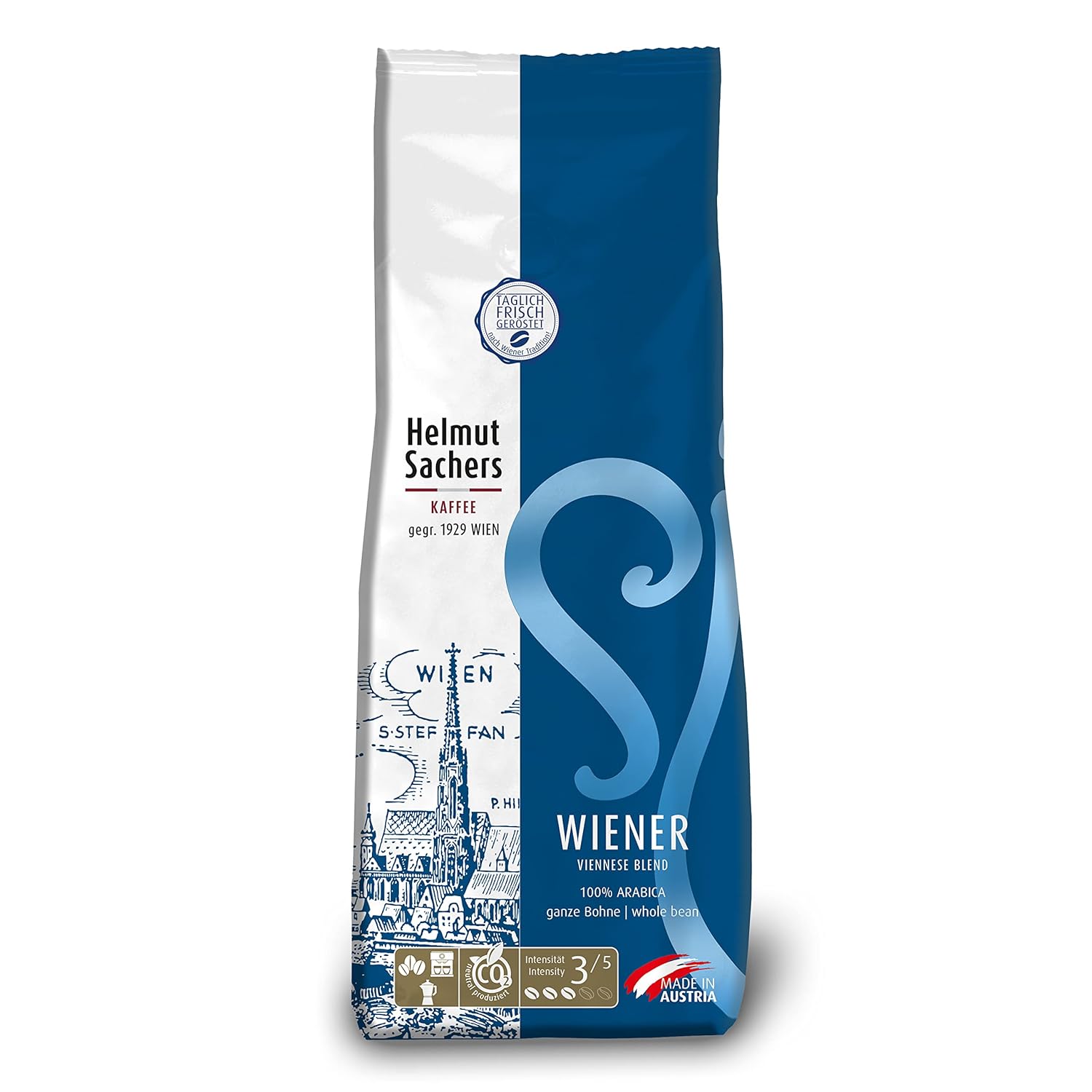 Helmut Sachers Coffee - Viennese Mix, Viennese Melange Coffee Made from Premium Highland Arabica Beans, Sustainably Roasted in Austria - Whole Coffee Beans, 500 g