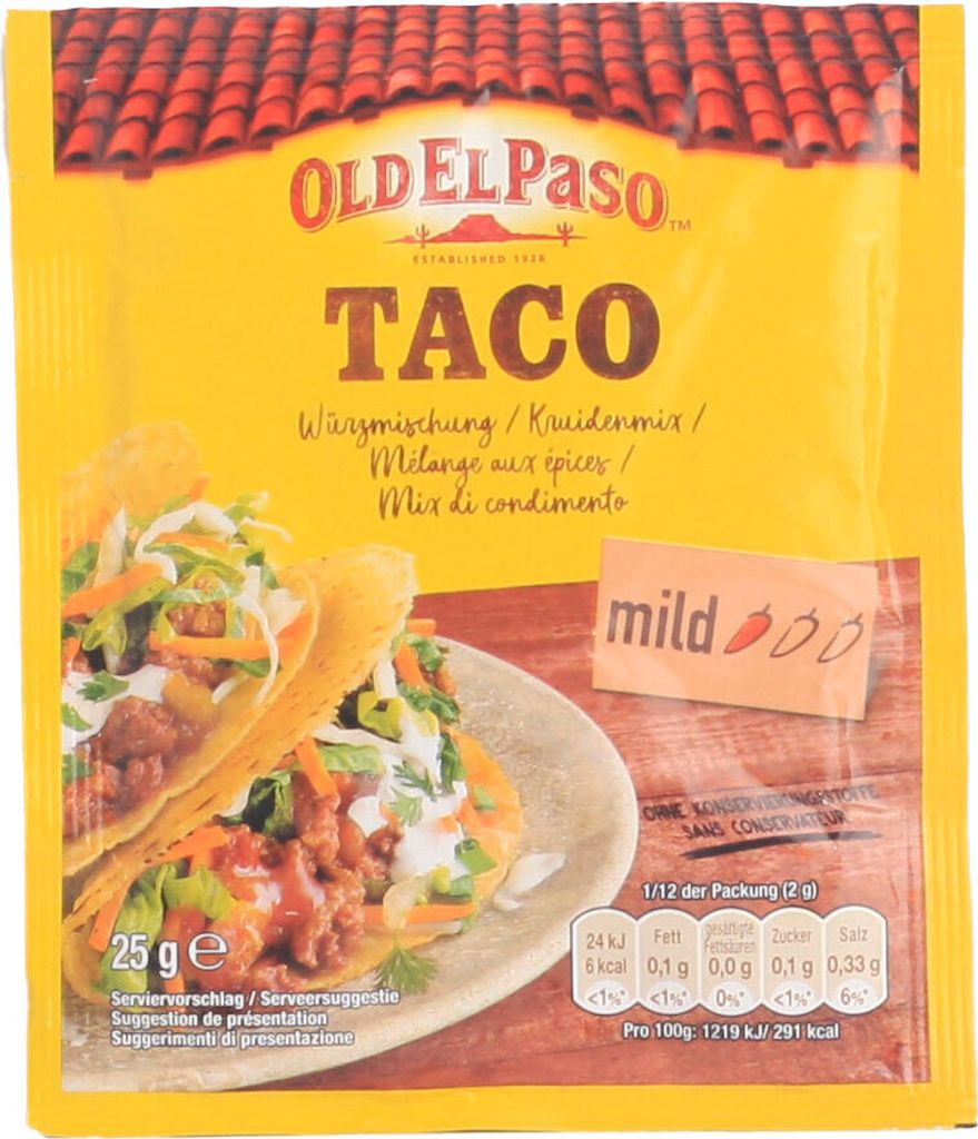 Old El Paso 10615, 25 g, 290 kcal, 1214 kJ, 6,9 g, 40 g, 18,3 g