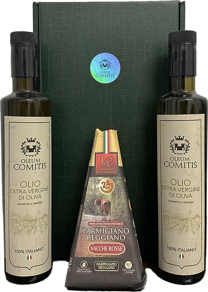 Oleum Comitis - Natives Olivenöl Extra 100% Italienisch - Geschenkbox mit 2 x 500 ml Flaschen und Parmigiano Reggiano DOP Vacche Rosse 24 Monate