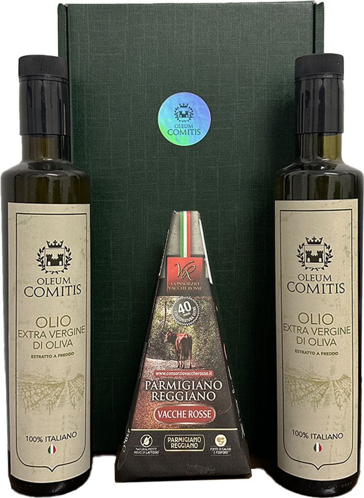 Oleum Comitis - Natives Olivenöl Extra 100% Italienisch - Geschenkbox mit 2 x 500 ml Flaschen und Parmigiano Reggiano DOP Vacche Rosse 40 Monate