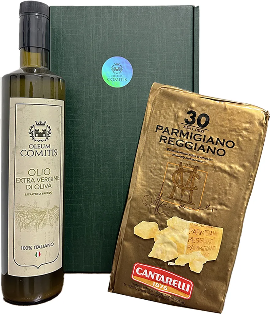 Oleum Comitis - Natives Olivenöl Extra 100% Italienisch - Geschenkbox mit 750 ml Flasche und Parmigiano Reggiano DOP Cantarelli 30 Monate