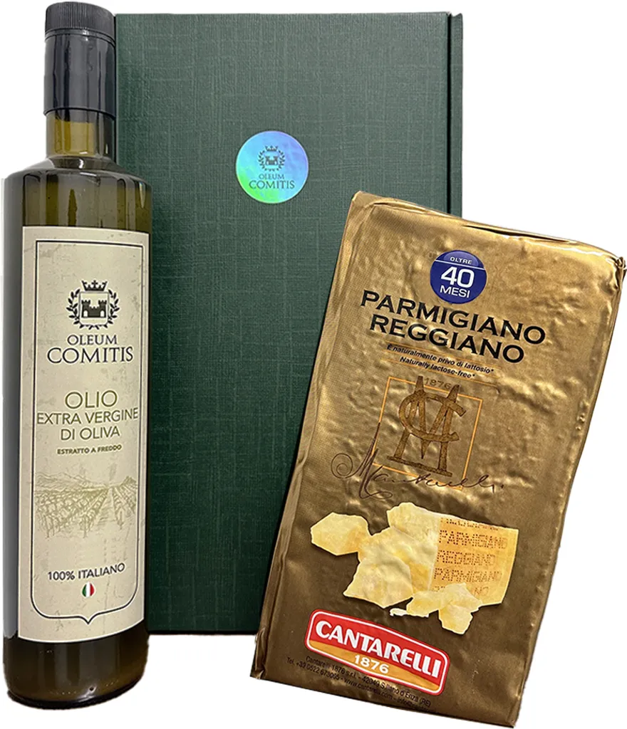 Oleum Comitis - Natives Olivenöl Extra 100% Italienisch - Geschenkbox mit 750 ml Flasche und Parmigiano Reggiano DOP Cantarelli 40 Monate