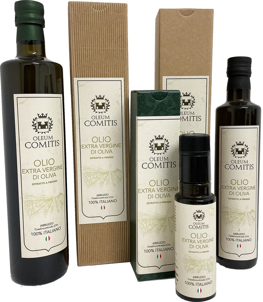 Oleum Comitis - Natives Olivenöl Extra 100% Italienisch - Geschenkset mit 3 Flaschen zu 100 ml, 500 ml und 750 ml