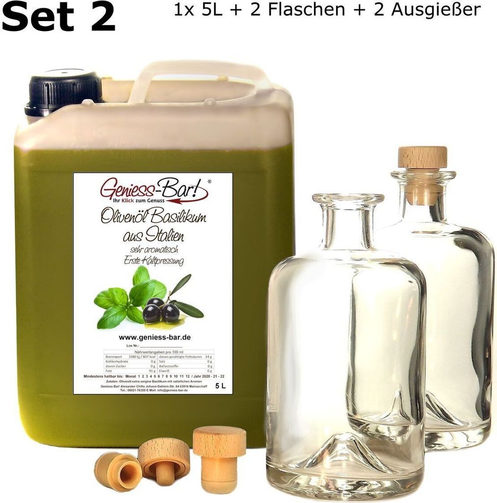 Olivenöl Basilikum 5L aus Italien inkl. 2 Flaschen u. 2 Ausgießert kaltgepresst extra vergine