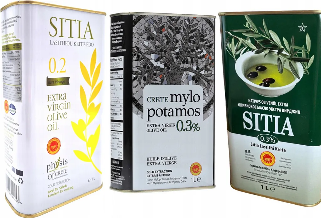 Olive oil, extra virgin, 3x1L, set of 3 olive oils, Mylopotamos 0.3% Extra Virgin, Sitia Oliwa Lassithi Crete 0.3%, Greek food, Greek