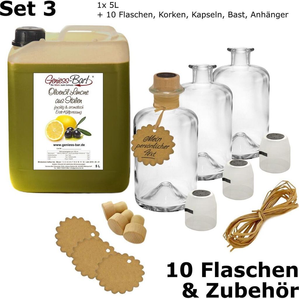 Olivenöl Limone Zitrone aus Italien 5L inkl. 10 Flaschen, Korken, Kapseln, Bast & Anhänger natürlich aromatisiert extra vergine