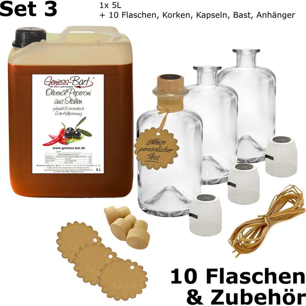 Olivenöl Peperoni 5L aus Italien inkl. 10 Flaschen, Korken, Kapseln, Bast & Anhänger extra vergine kaltgepresst