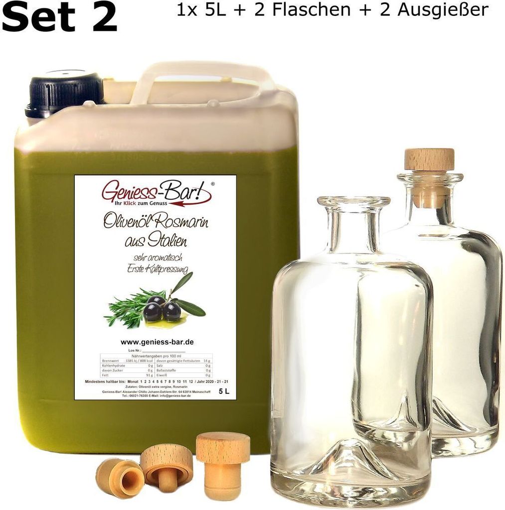 Olivenöl Rosmarin aus Italien 5L inkl. 2 Flaschen u. 2 Ausgießer sehr aromatisiert extra vergine