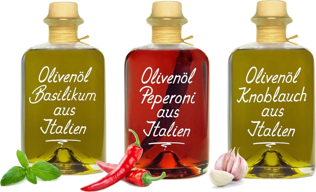 Olivenöl Trio 3x 0,7L Basilikum Peperoni Knoblauch Oliven Öl aus Italien  im Set