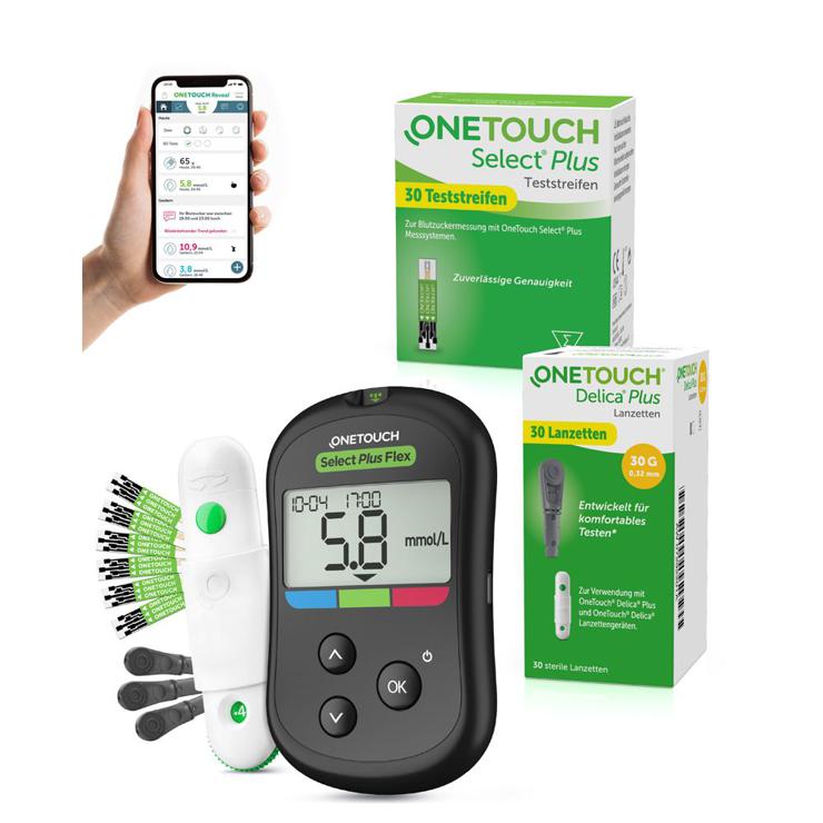 OneTouch Select Plus Flex® Diabetes Starter Set mmol/l, 40 test strips, 40 sterile lancets, 1 lancing device