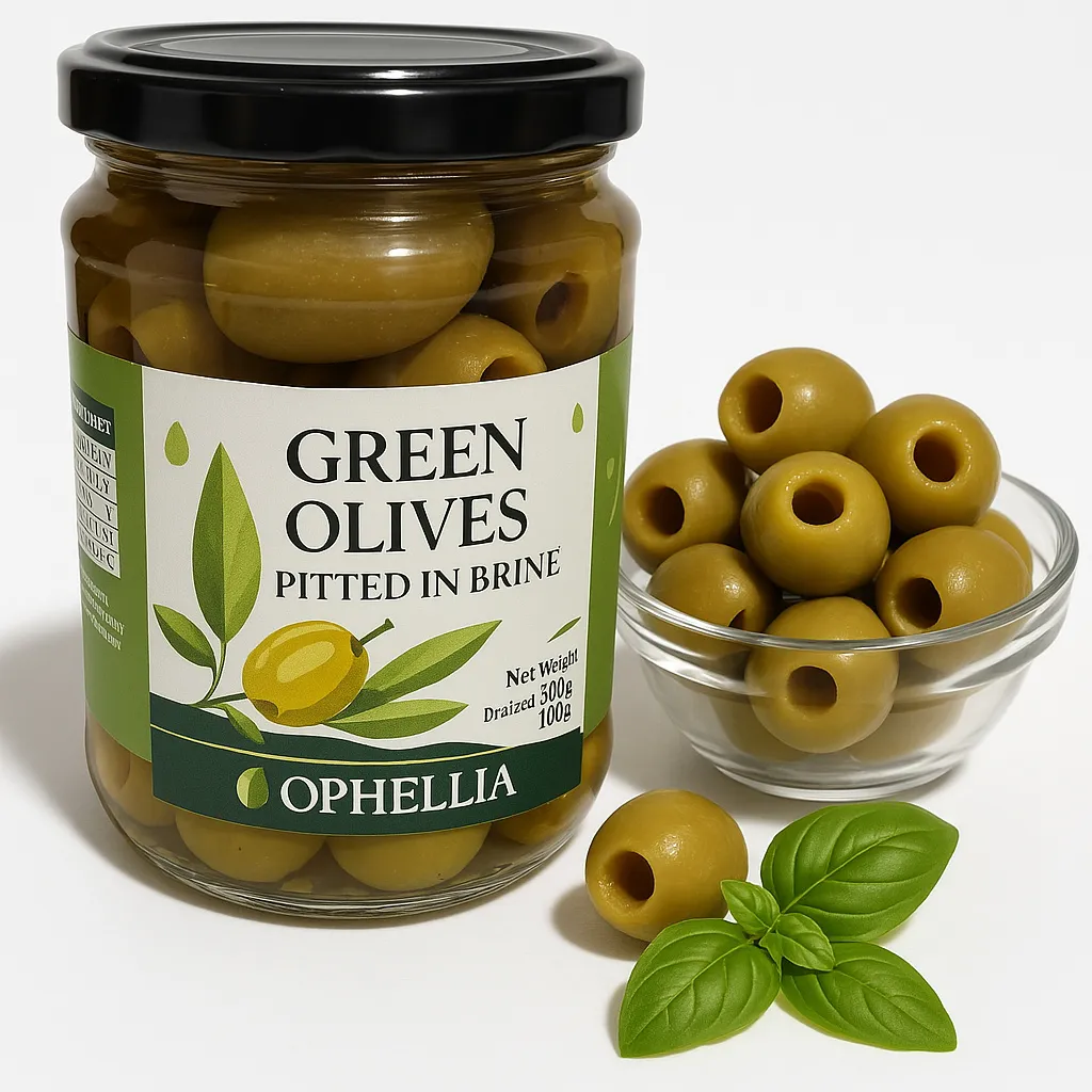 Ophellia, Green Pitless Olives, 300g, In Greek Marines, Greek Olives