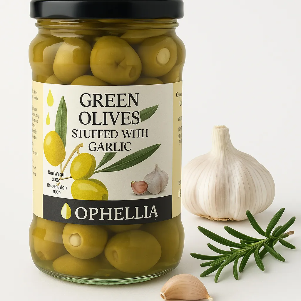 OPHELLIA, Olives, Green Olives, Stuffed Olives with Garlic, Olives from Greece