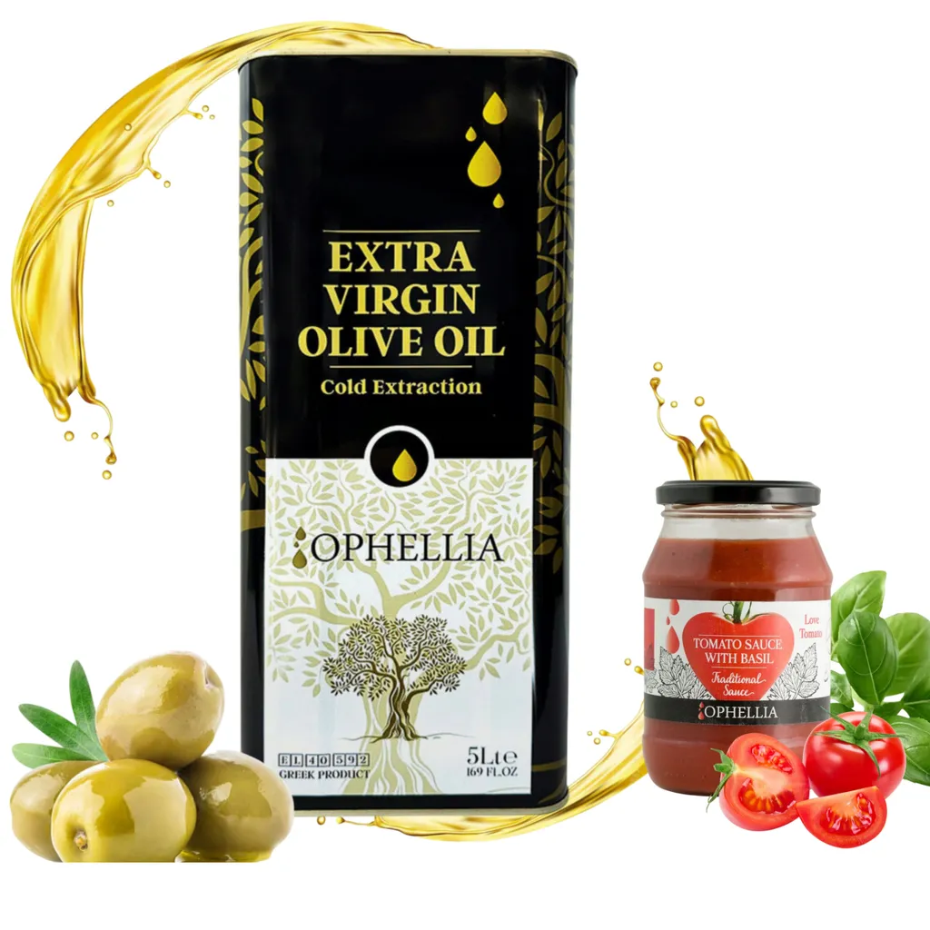 Ophellia, Olivenöl 5 l, Extra Vergine, Griechisches Olivenöl + Tomatensauce mit Basilikum