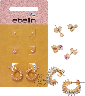 ebelin stud earrings rhinestones, gold look, 6 pcs