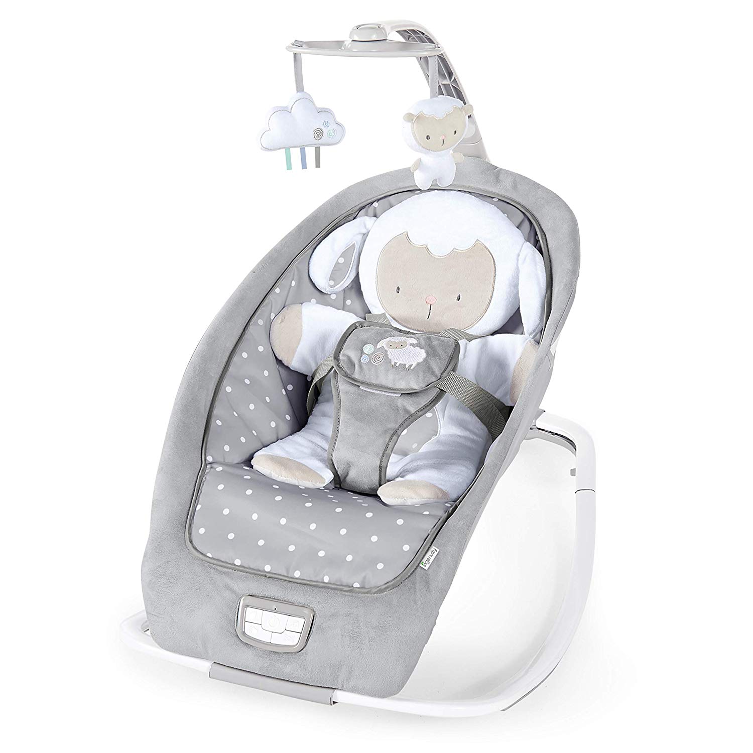 Ingenuity, Cuddle Lamb Baby Rocker with Rocking Function and Vibrations, Play Arch with 2 Plush Toys, Music, 4 Natural Sounds and Volume Controls, High-Quality Fabrics, from Birth to 18 kg