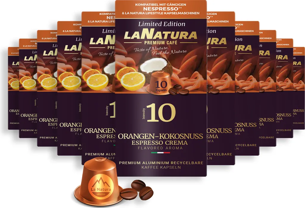 Orange-Coconut Espresso Crema Premium Coffee - 110 Coffee Capsules | La Natura Lifestyle Organic 616g | Bio-based | Nespresso®*³ compatible