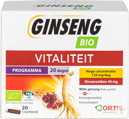 Ortis Ginseng Organic Vitality Dietary Supplement Without Alcohol Ampoules 20x15ml