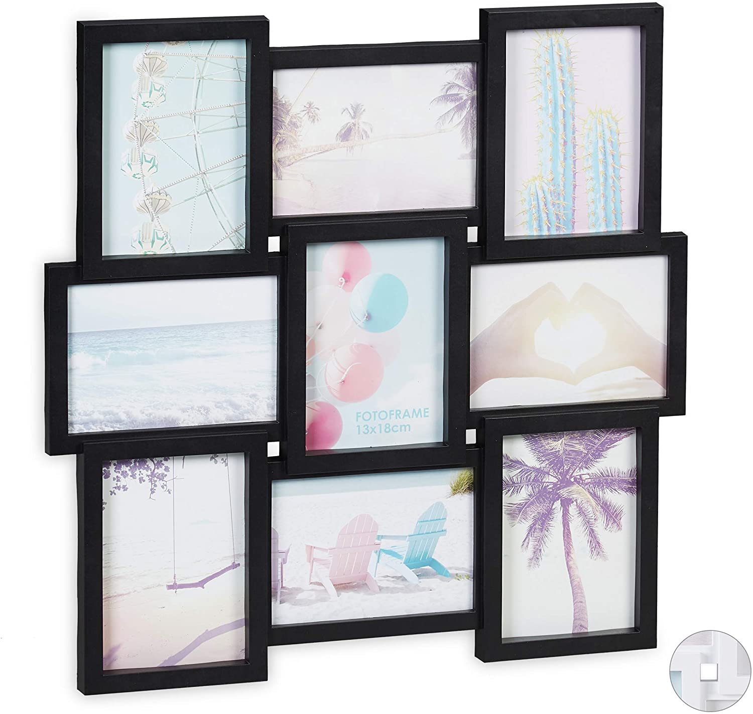 Relaxdays Collage Picture Frame for 9 Pictures Portrait or Landscape Format Wall Plastic Frame H 54 x W 54 cm Black