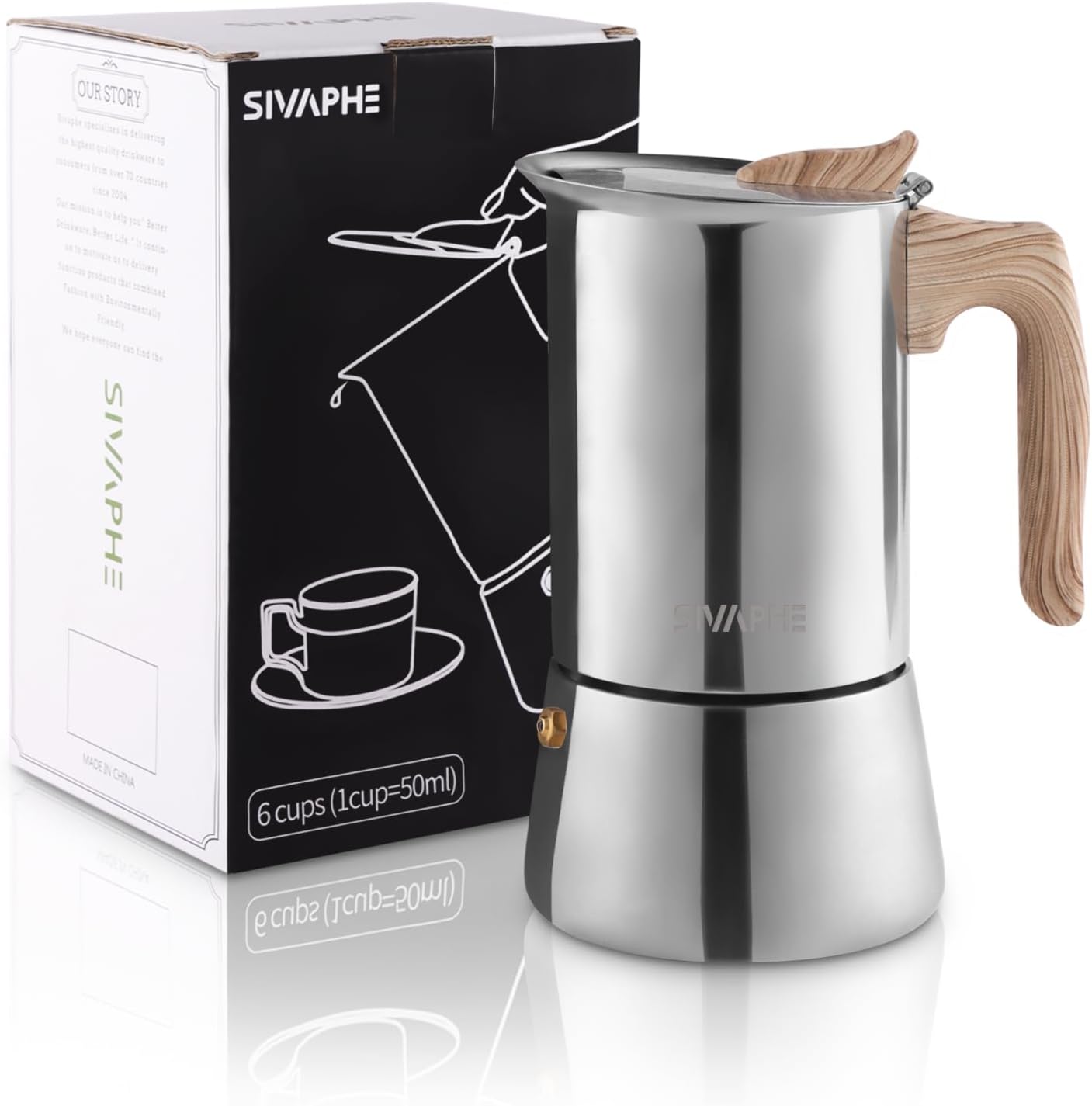 Sivaphe Espresso Maker Induction, Cooker Espresso Machine, Stainless Steel Espresso Jug, Mocha Pot, Espresso Maker, Aluminum-Free, 6 Cups, 300 ml