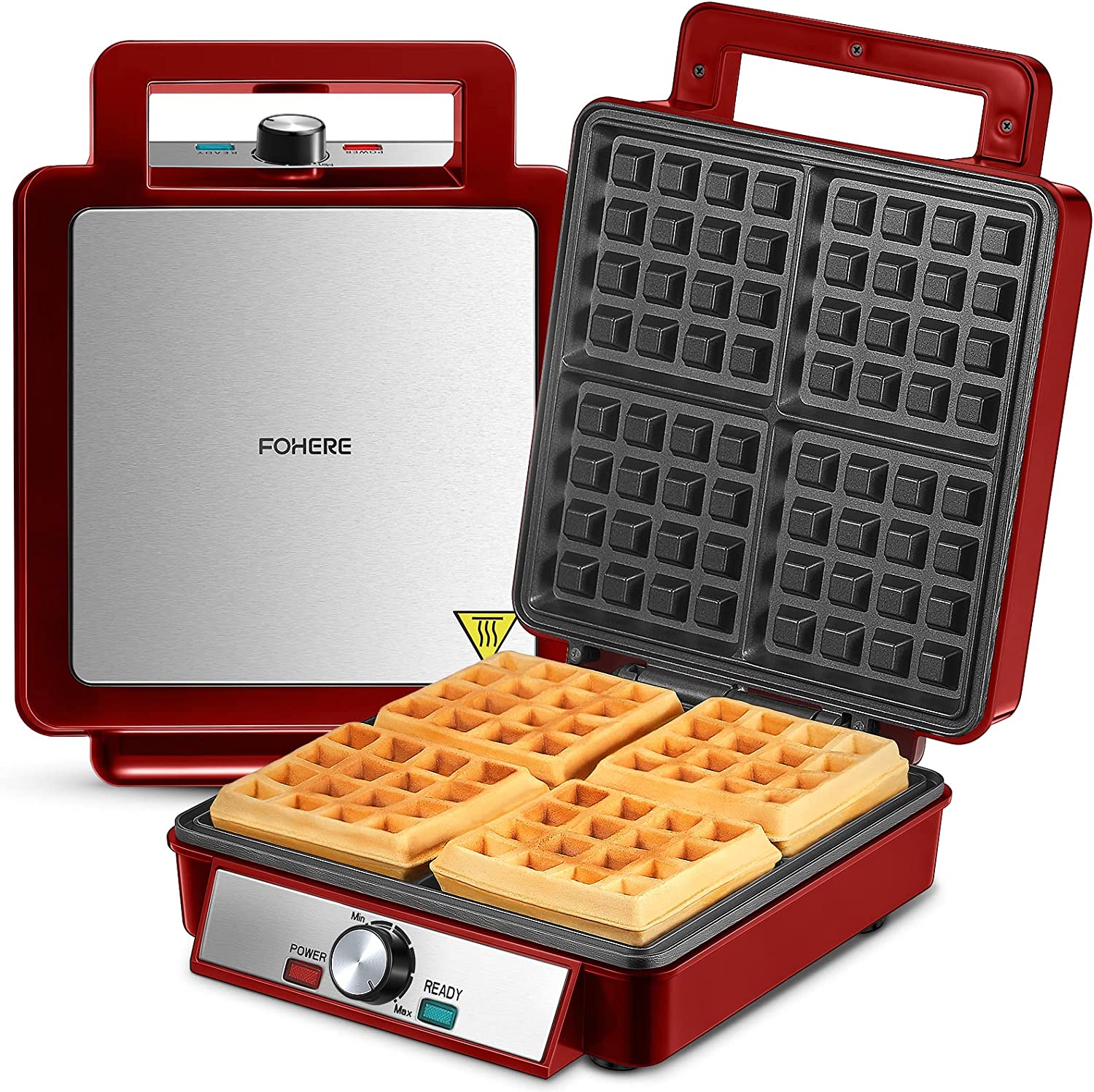 FOHERE Waffle iron, 1200 W Belgian waffle iron with non-stick coating and easy to clean, adjustable temperature, stainless steel, insulated handle, waffle machine for 4 waffles