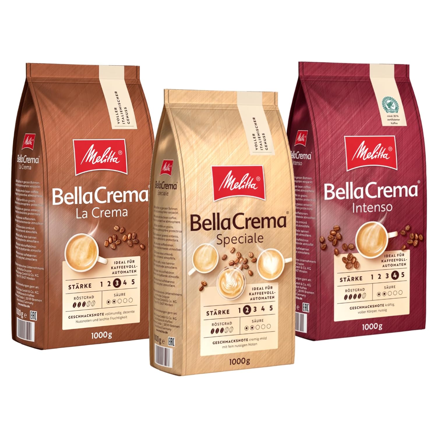 Melitta Bellacrema Tasting Package La Crema Speciale Intenso Whole coffee beans 3 x 1kg, uncomfortable, coffee beans for fully automatic coffee machine, roasted in Germany
