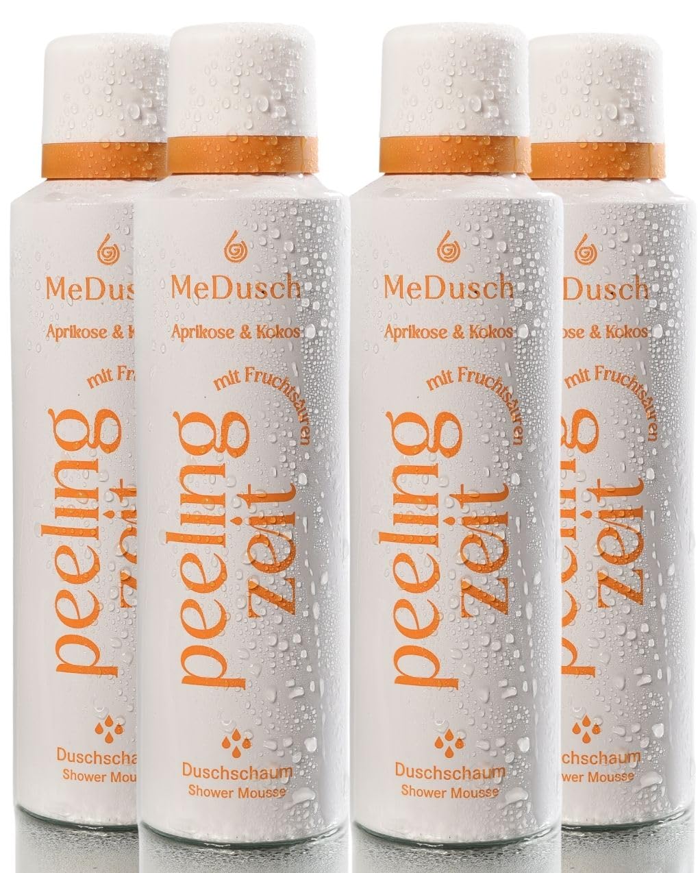 MeDusch Shower Scrub Shower Foam Exfoliating Time (200 ml) Apricot and Coconut with Mild Fruit and Lactic Acid (AHA, BHA) in Practical Set of 4 (Unisex) Body Scrub, AHA BHA Peeling