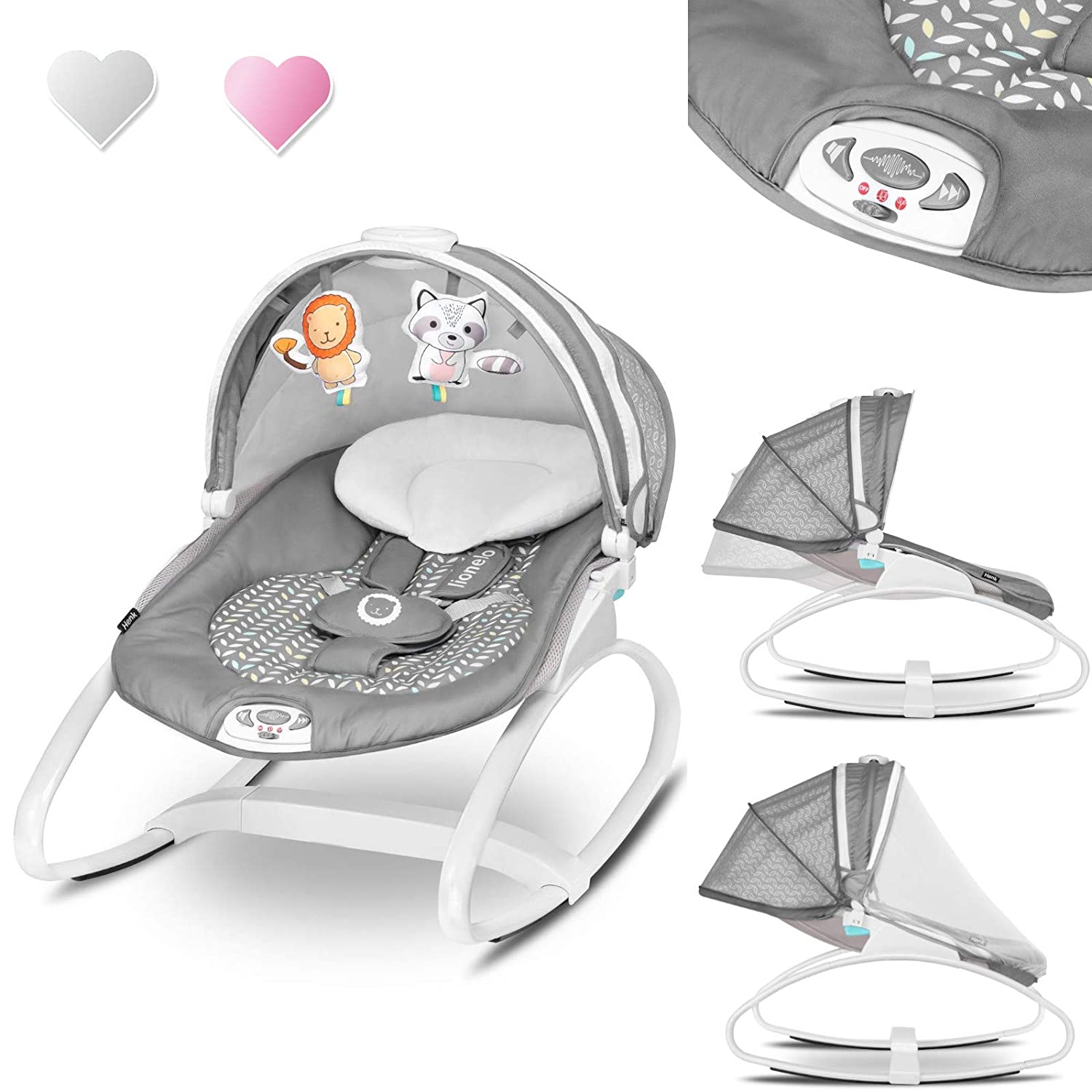 Lionelo Henk Baby Rocker Electric with Reclining Function, Baby Swing 0-9 kg, 5 Melodies, Natural Sounds, Mosquito Net, Play Arch (Grey)