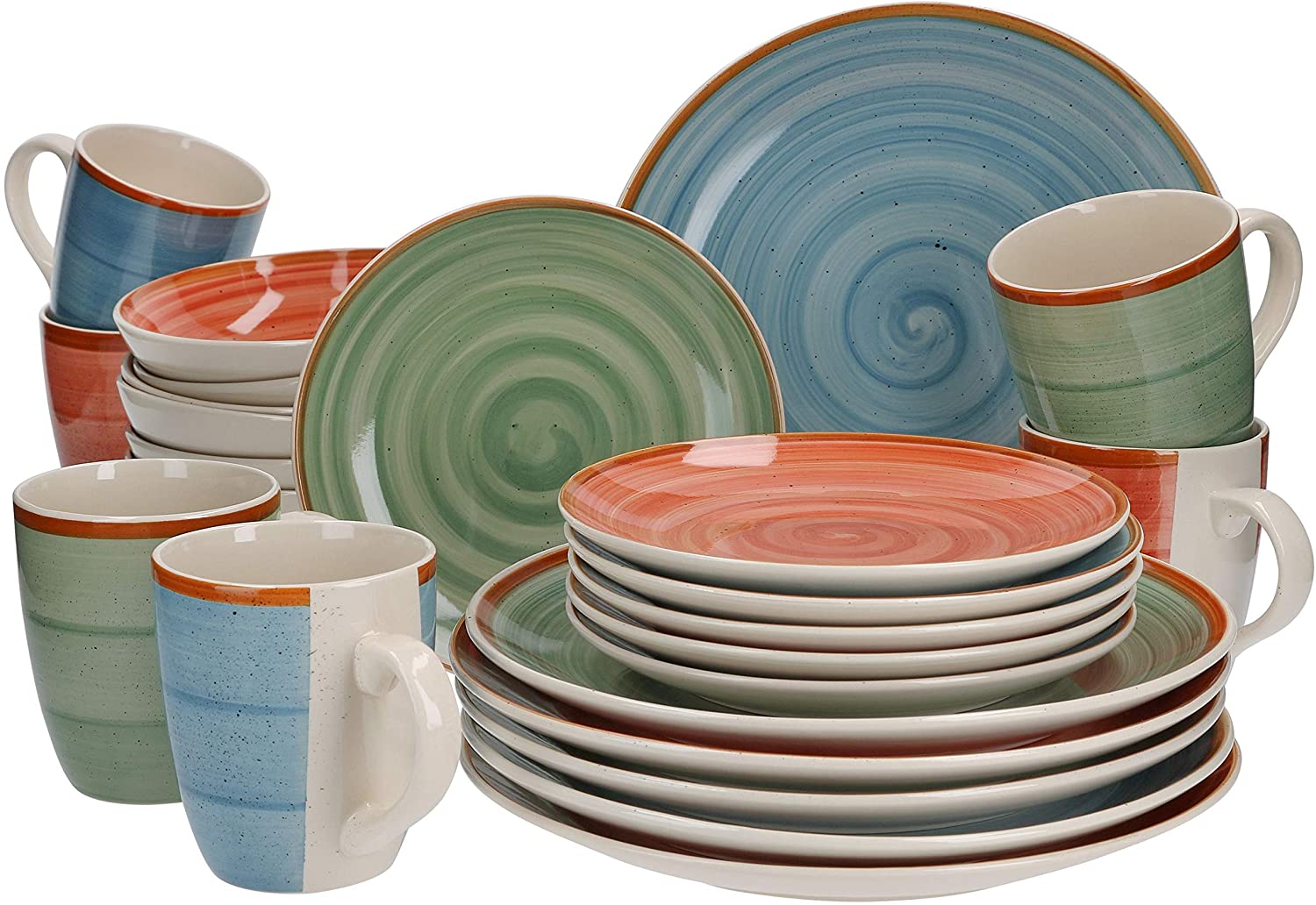 VAN WELL Magnifica Combination Service for 6 People, Crockery Set in Various Colours, Cups Soup Plates, Cake Plates, Dinner Plates, Colourful Crockery Set Made of Elegant Stoneware 24 Pieces, Colourful