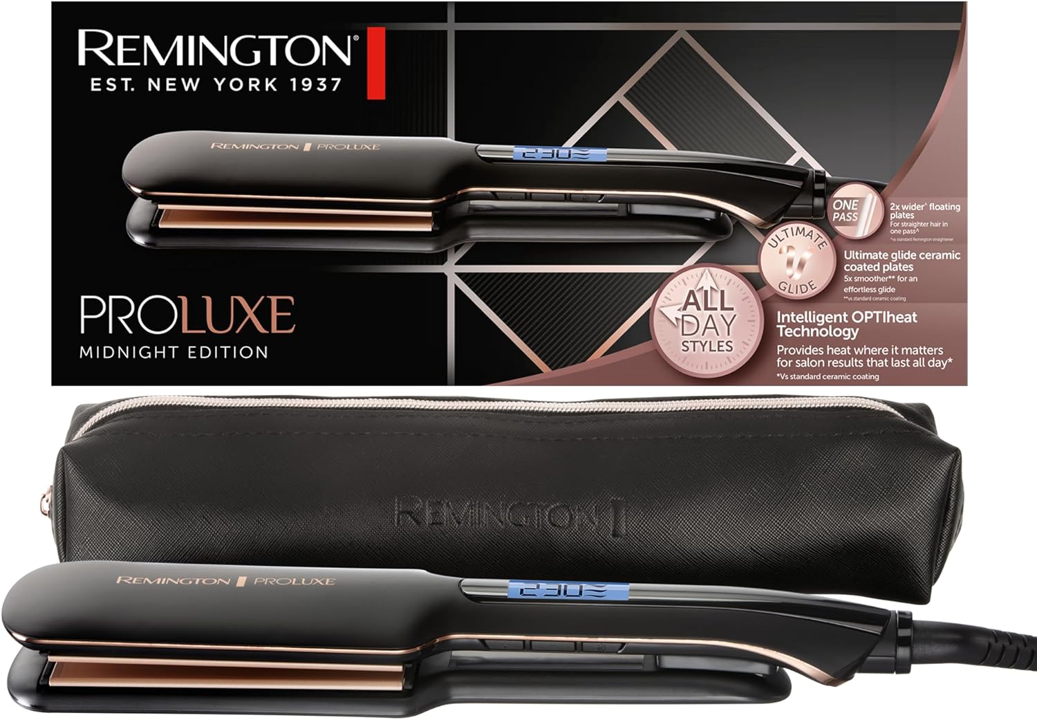 Remington Proluxe Straightener [Extra Wide Ceramic Styling Plates, 110 x 50 mm] (OPTIheat Technology, Pro+ Setting for Gentle Styling, Digital Display, Quick Heating) Hair Straightener S9150B