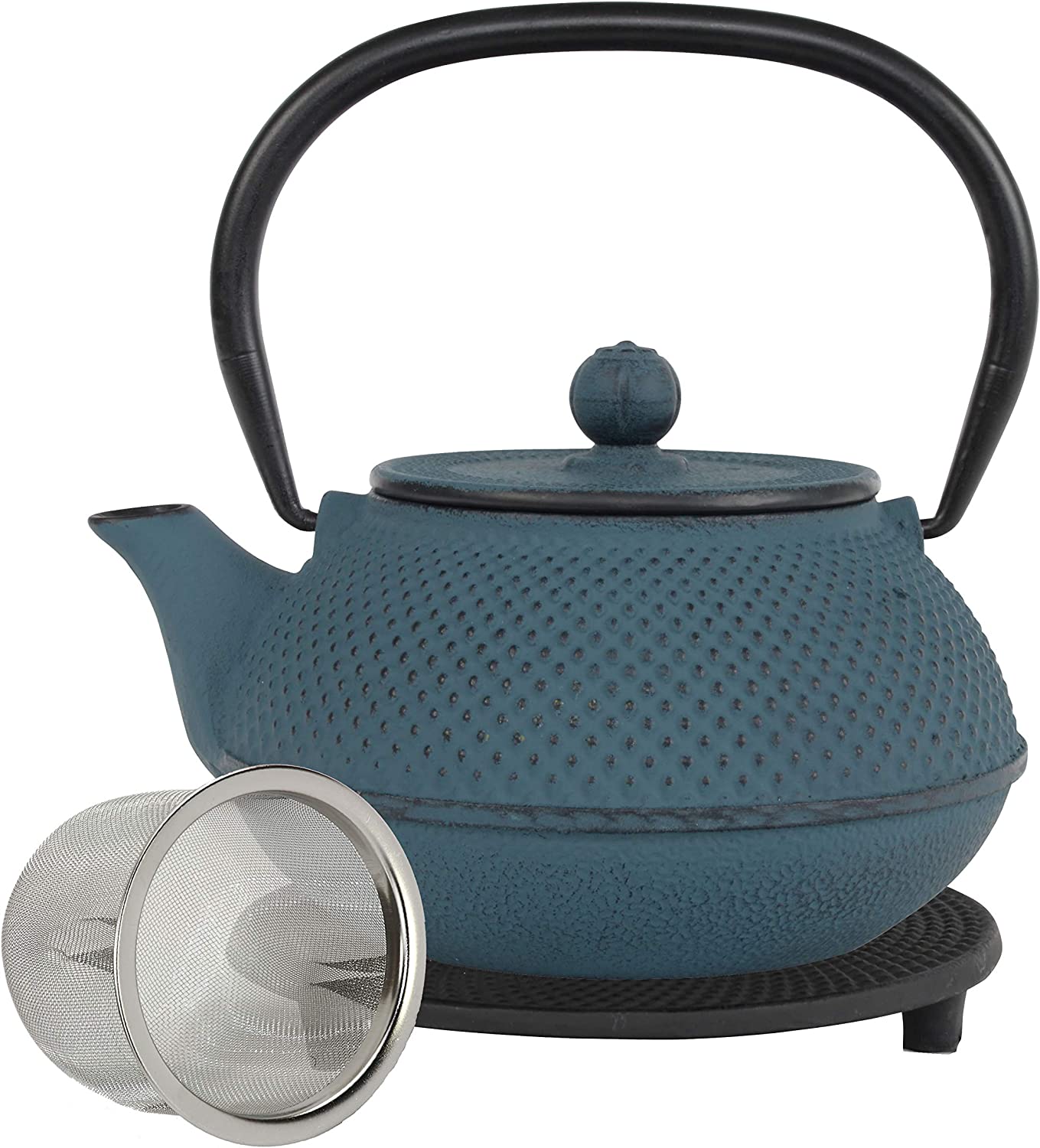 teeblume Cast Iron Teapot Arare Cast Iron Teapot with Strainer Includes Free Coaster in Black Teapot Fully Enamelled Inside Blue 900 ml