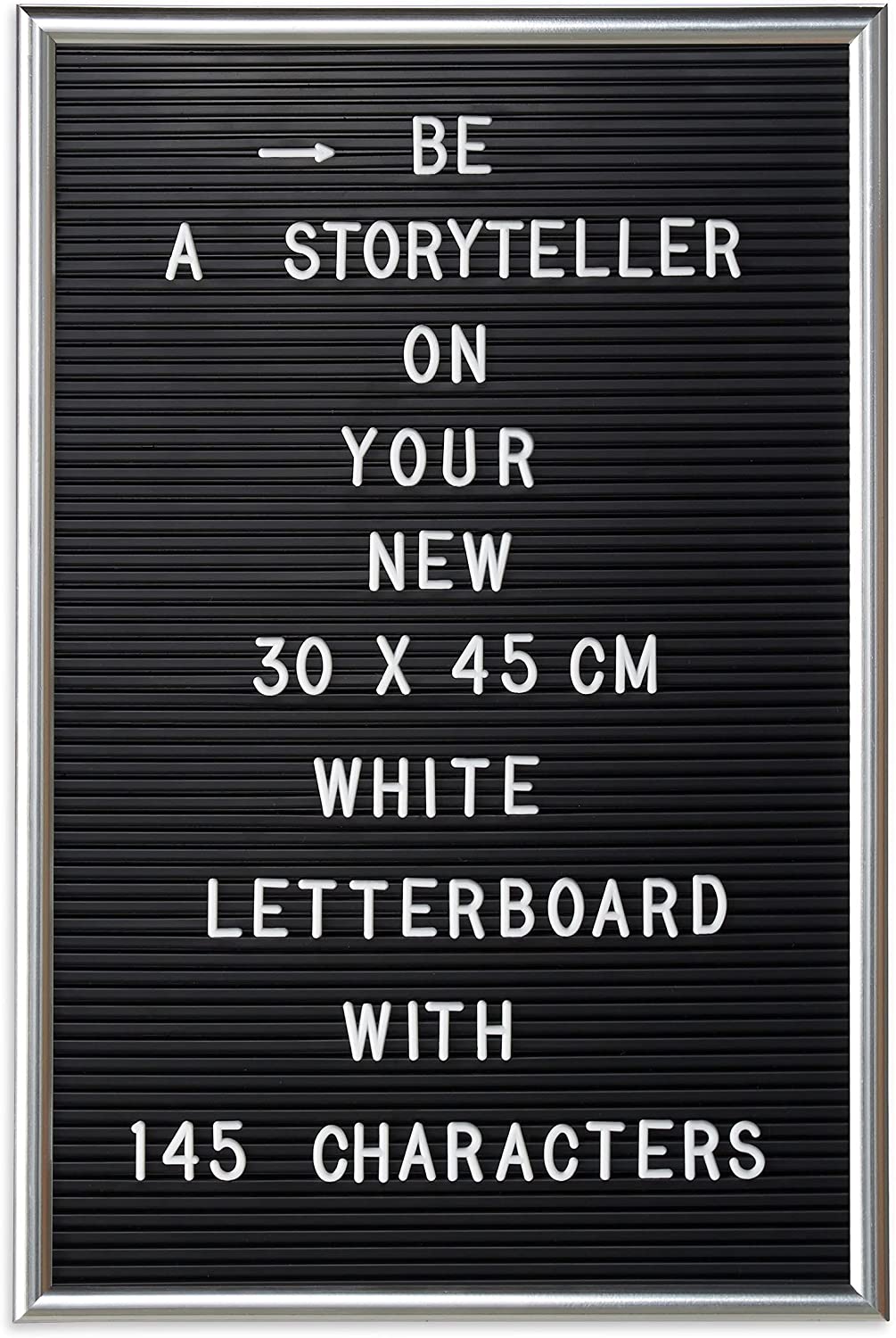 1 x Letterboard with Frame, 145 Letters, Numbers & Special Characters, XL Grooved Board for Pushing, 30 x 45 cm, Silver