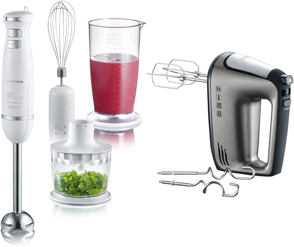 SEVERIN Hand Blender Set, Approx. 600 W, Includes Mixing Cup with Lid, Whisk, Wall Mount, SM 3798, Stainless Steel/White & Hand Mixer with Spiral Cable, Approx. 400 W, HM 3832, Silver/Black