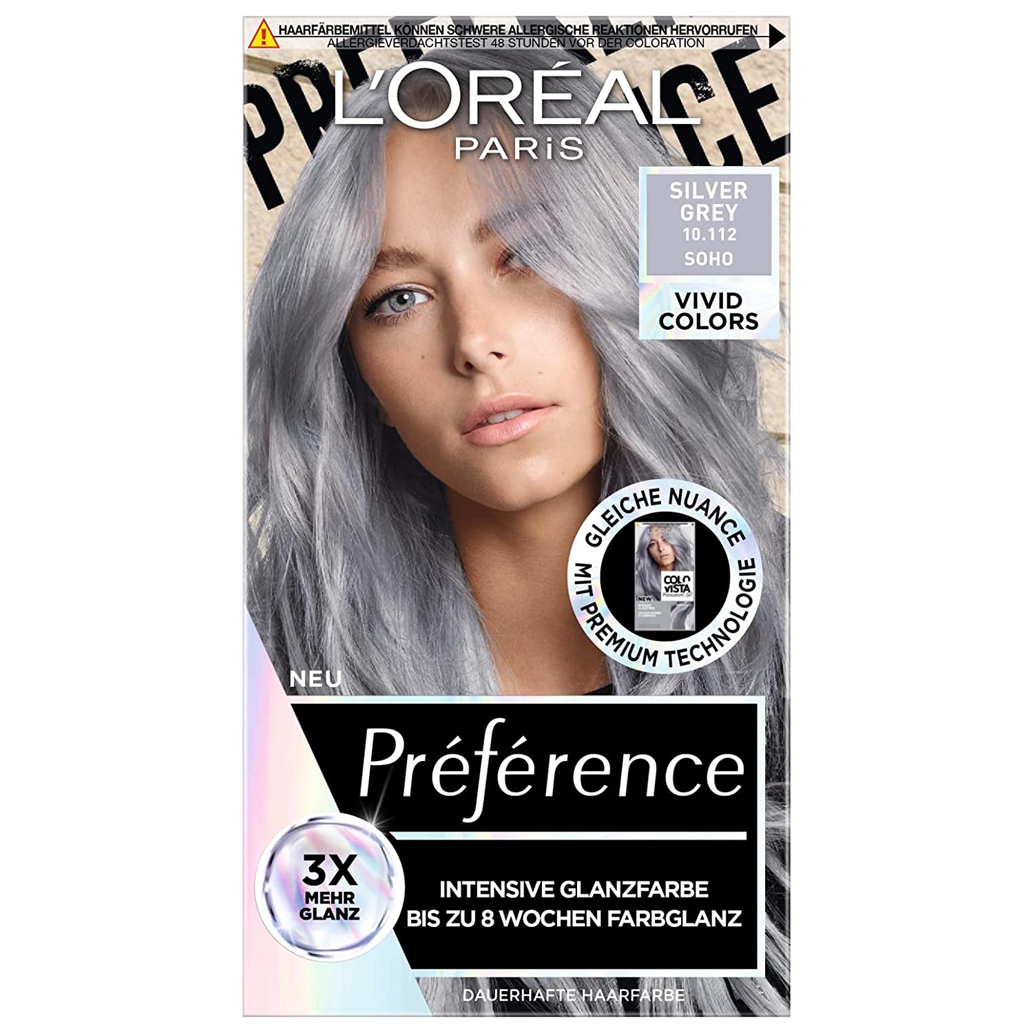 L'Oréal Paris L\'Oréal Paris Intensive dauerhafte Haarfarbe, Bis zu 8 Wochen glänzendes Haar und intensive Farbe, Préférence Vivid Colors, Farbe: 10.112 SILVER GREY, 1 Stück, ‎10.112 grey