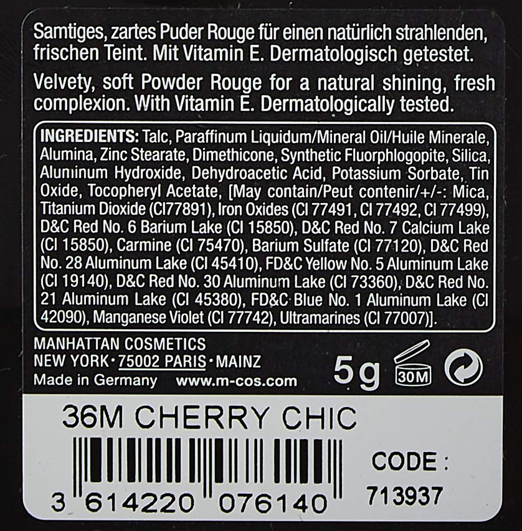 Manhattan Powder Rouge - Pink Blush with Powder Texture and Enclosed Brush - Cherry Chic 36M - 1 x 5g