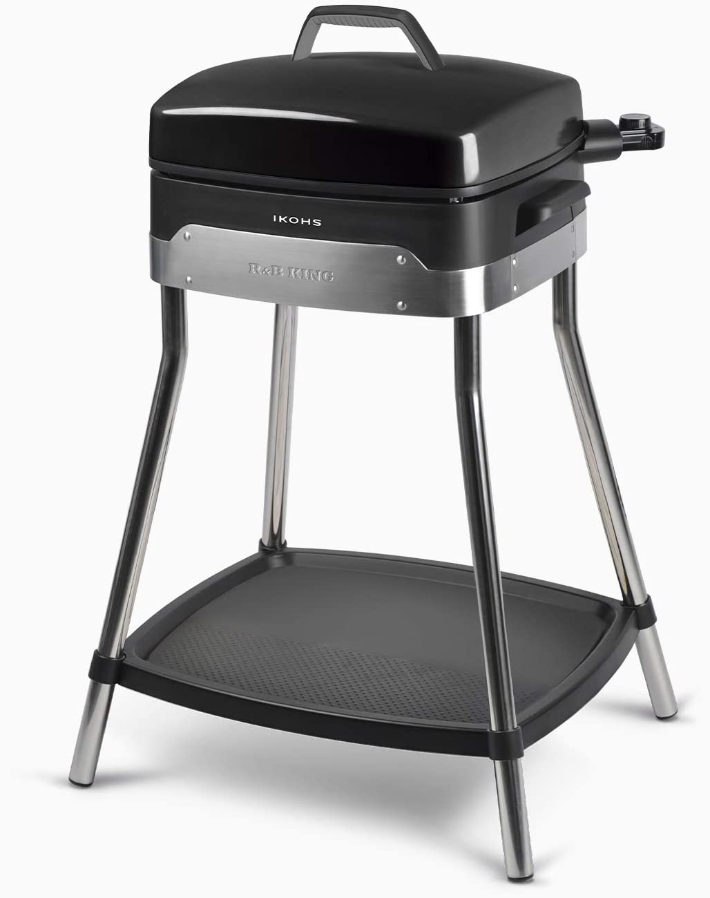 Ikohs R&B King electric grill for outdoor use, with stainless steel legs, 2000 W, thermostat in 5 power levels, grill plate with 3 surfaces, easy to clean, 38.1 x 43.1 x 82 cm
