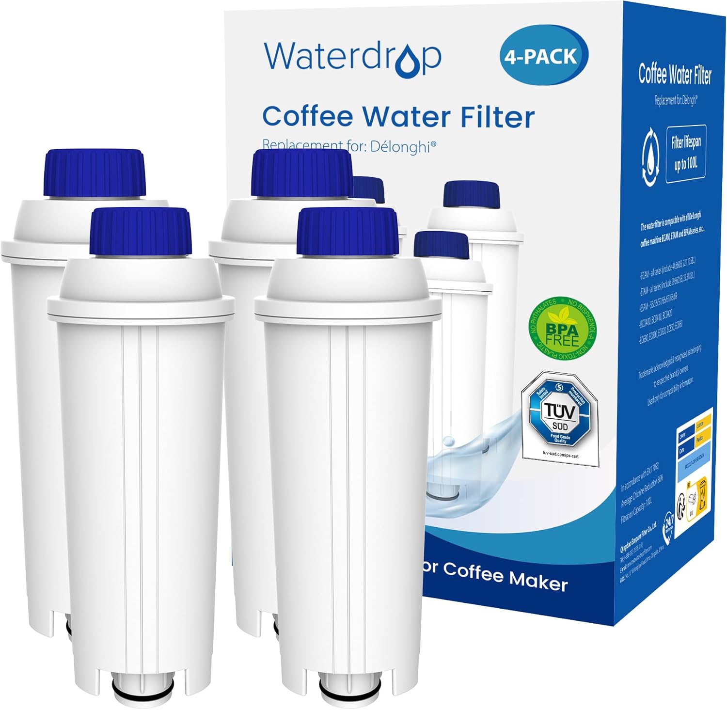 Waterdrop Water Filter, Replacement for DeLonghi Coffee Machine ECAM, Eletta, Dinamica, DLSC002, Magnifica, ETAM Autentica and Various Esam Models (4)