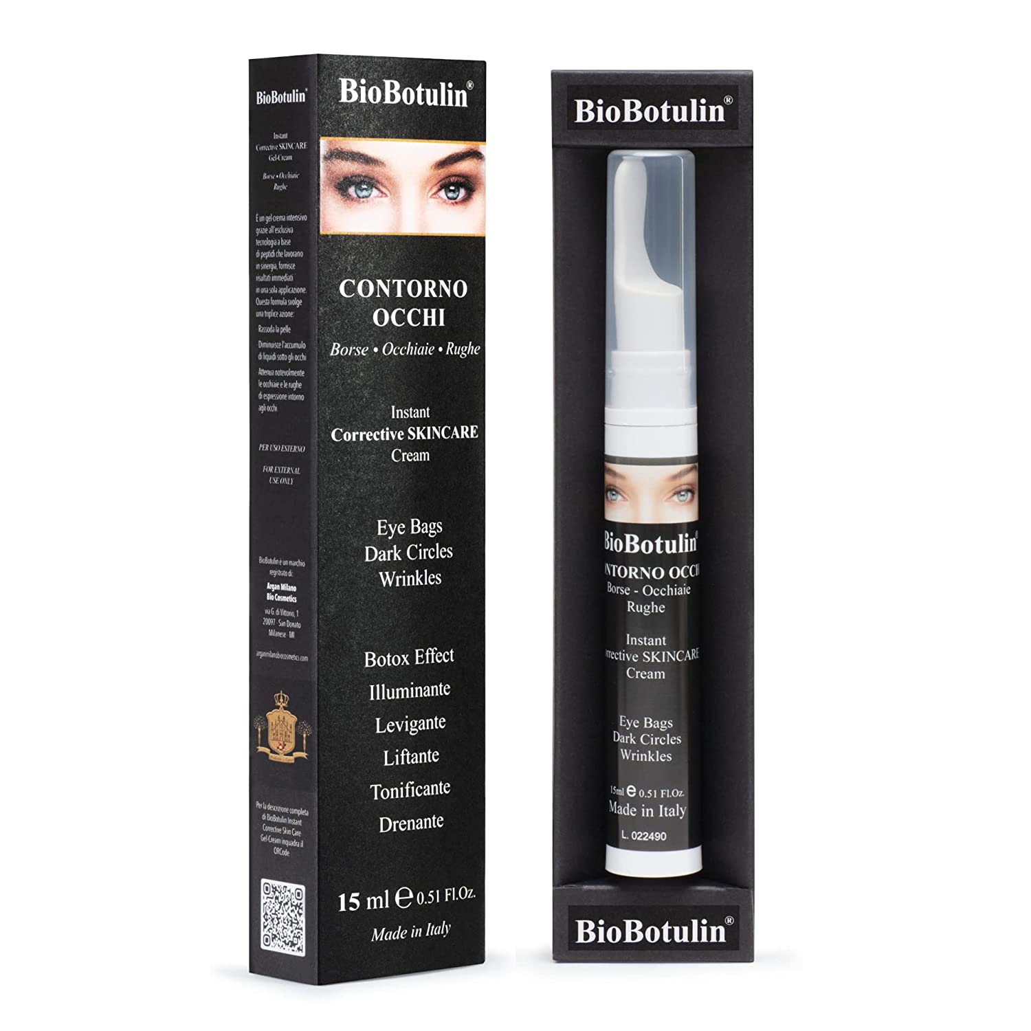 argan milano bio cosmetics BioBotulin Gel Eye Cream - 15 ml - Removes Tear Bags, Dark Circles and Wrinkles - Instant Eye Bag Treatment for Men and Women - The Most Effective Anti-Ageing Eye Cream