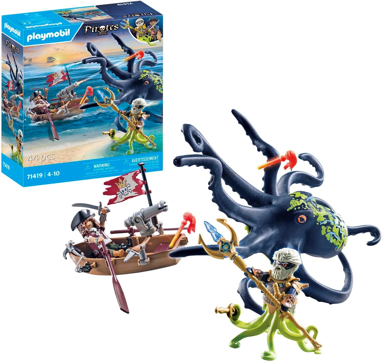 Playmobil Pirates 71419 Fight Against The Giant Octopus, Deepers Against Pirates, Large Octopus With Real Water Spray Function and Extensive Accessories, Toy for Children from 4 Years