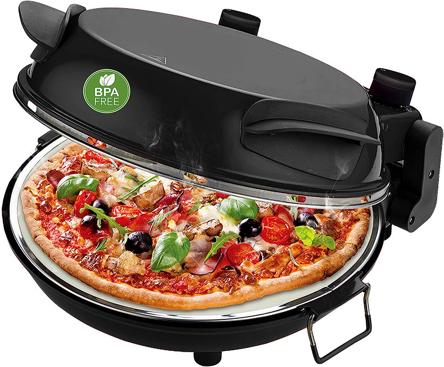 Emerio Pizza Oven, Fireproof Stone Plate, Bakes Pizza in Short Time (i.e. for TK Pizza), 31.5 cm diameter, 1200 watts, Timer, BPA Free, Stainless Steel Pizza Server, PM-129032.2, Black