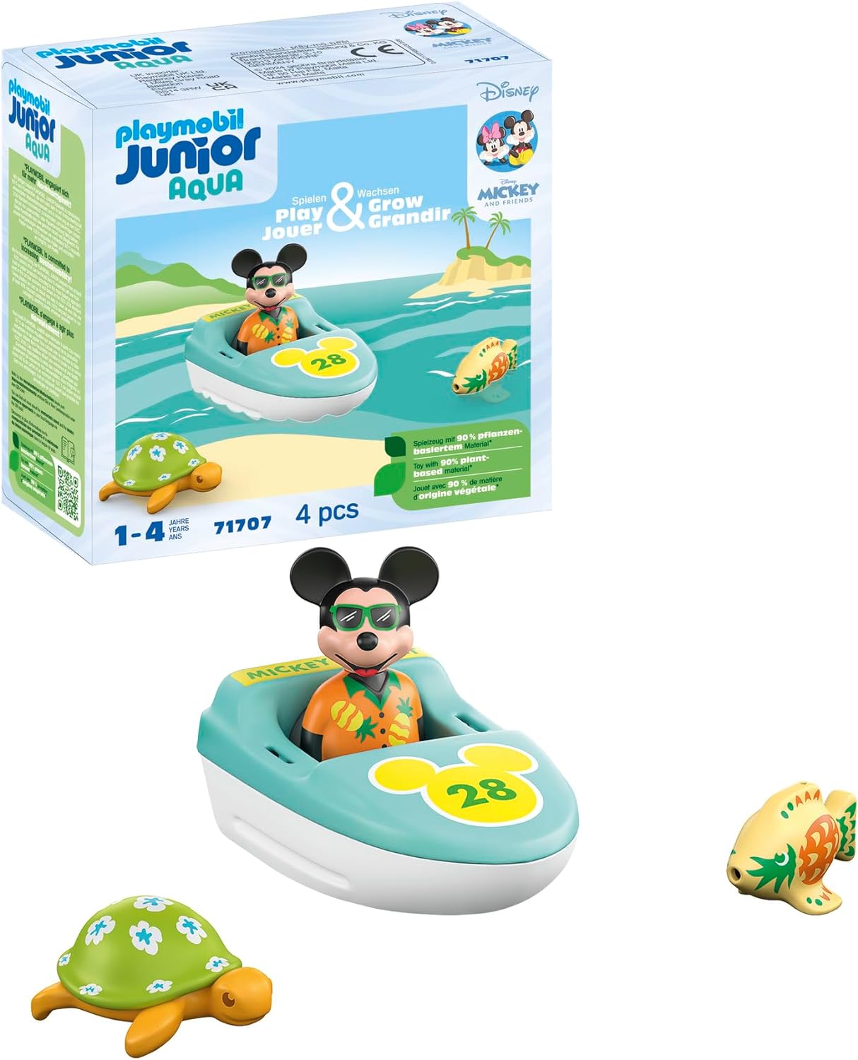 PLAYMOBIL Junior & Disney 71707 Mickey Mouse Boat Tour, Including Swimming Boat and Sea Animals, Sustainable Toy Made of Plant-Based Plastics, for Children from 1 Year