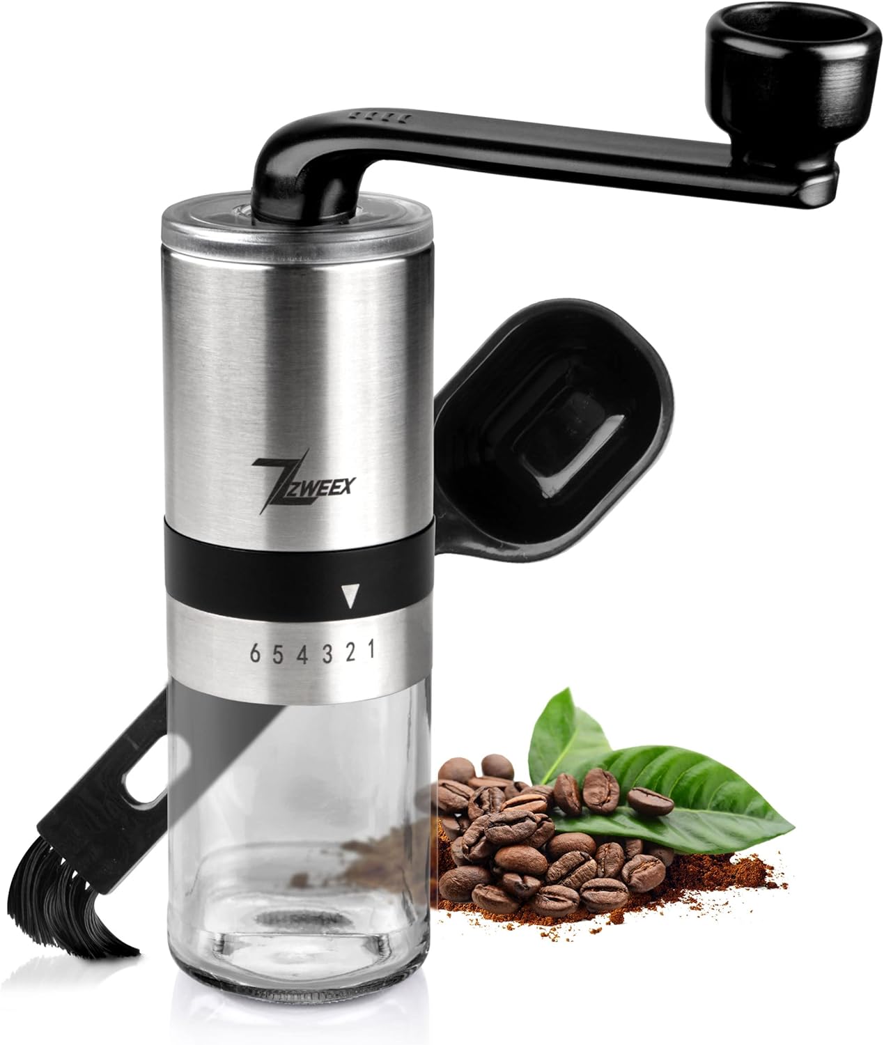 ZWEEX Manual Coffee Grinder Stainless Steel and Glass Hand Coffee Grinder Ceramic Grinder Coffee Grinder Hand Coffee Grinder With 6 Grinding Settings Espresso Grinder Includes Brush and Bag