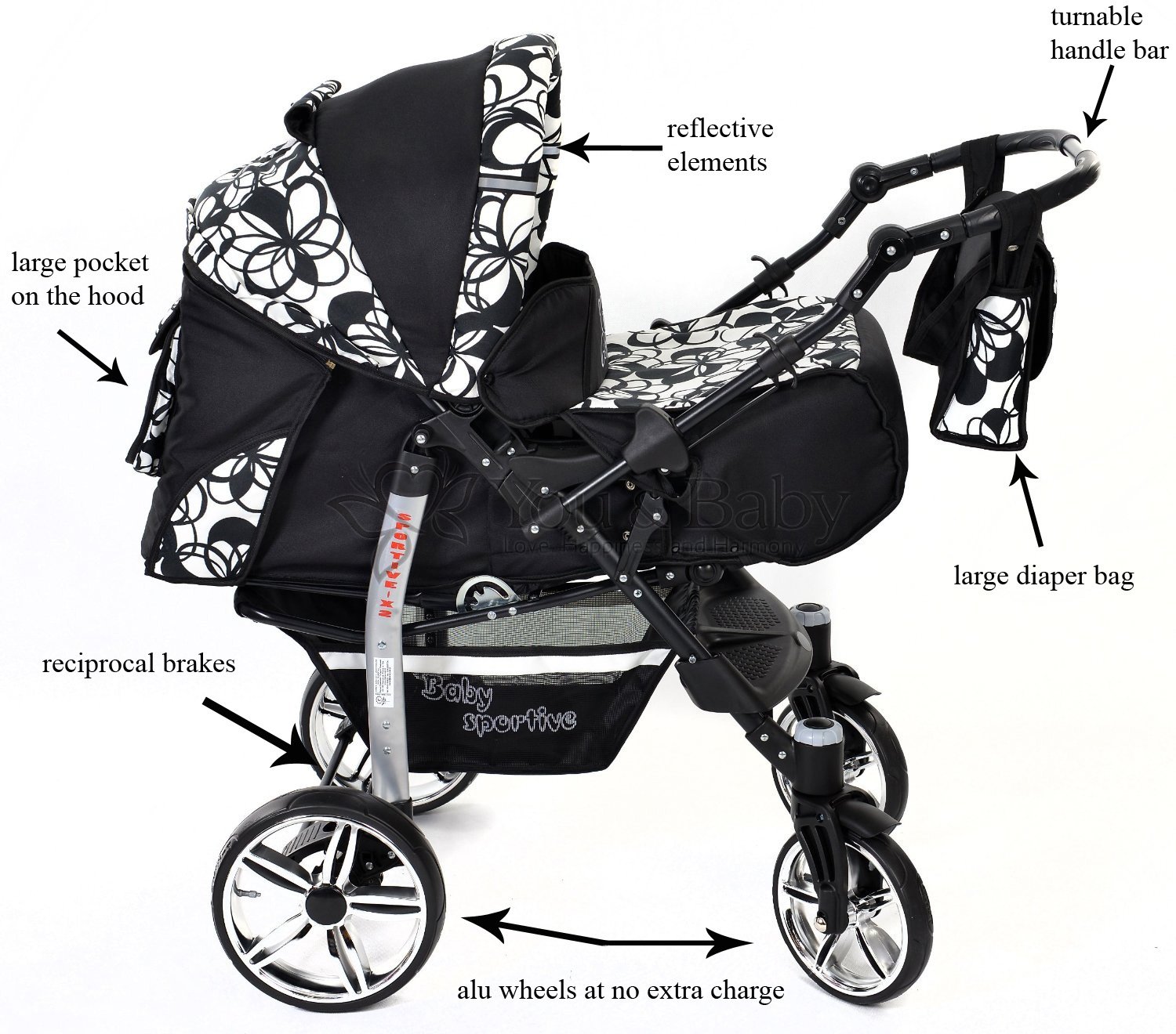 You and Baby SPORTIV-X2 Kombi-Kinderwagen 3in1 | mit Zubehör | für Kinder ab der Geburt bis 3 Jahre | Gewicht 13 kg | Faltmaß mit Rädern B99 x T60 x H58