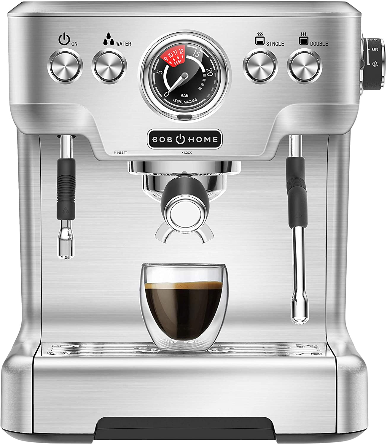 BOB HOME espresso machine espresso club - 20 bar, pressure indicator, die-cast aluminium housing, milk frother, hot water nozzle, espresso at the touch of a button