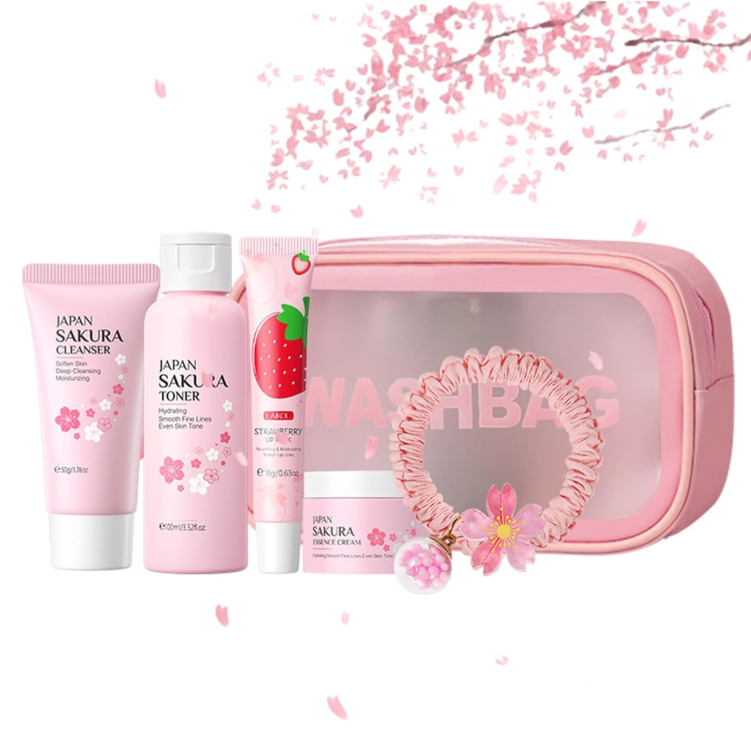 Japan Sakura Skincare Set for Teenage Girls, Sakura Skin Care Set Gift Set Women, Anti-Ageing Face Care Set, Skin Care Gifts Set - Cleanser Toner Cream Lip Mask Makeup Bag