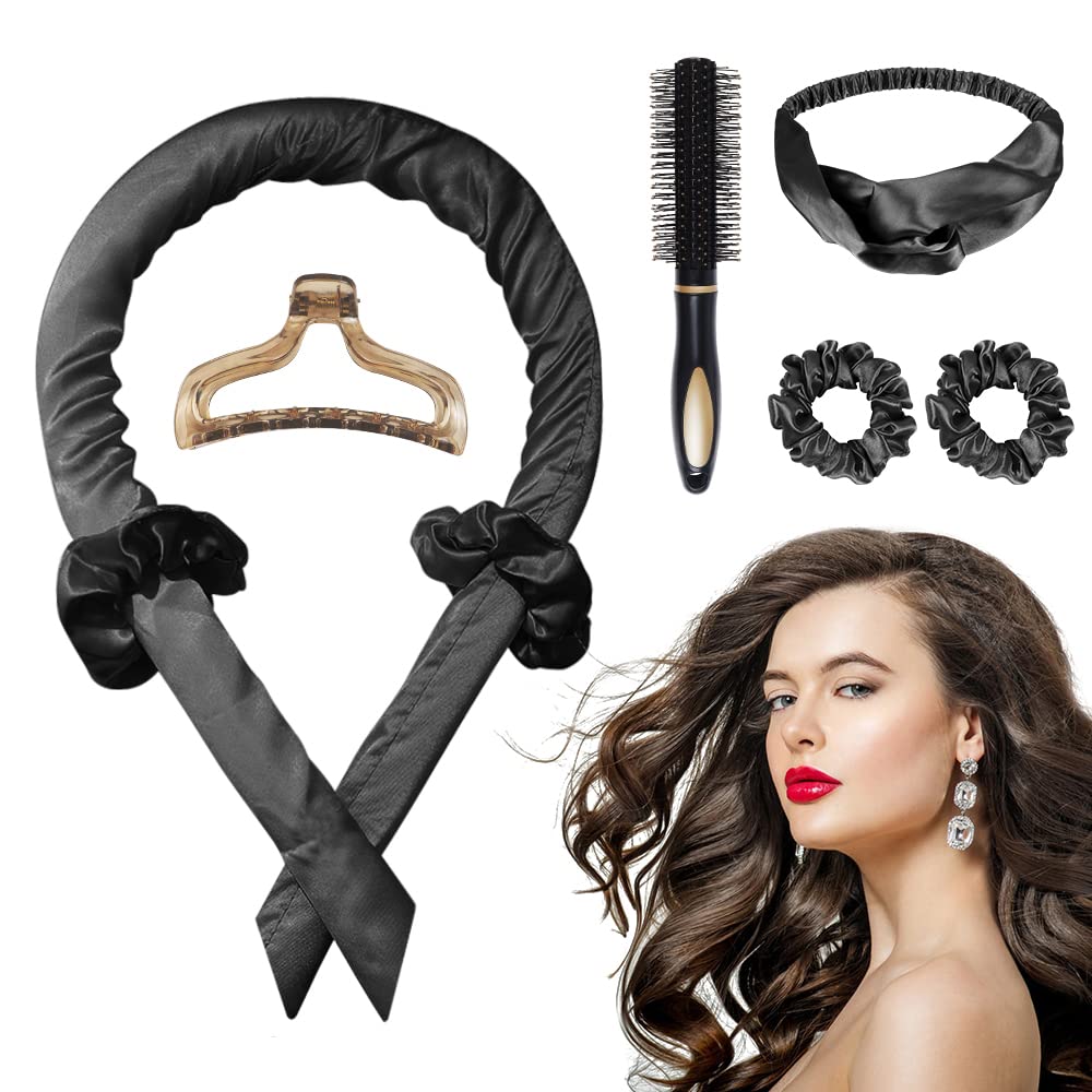 Curling without heat, curlers overnight, overnight Heatless curlin band, diy hair noodle hair curls without heat hairstyle, for long medium hair, gift for girls and women (black)