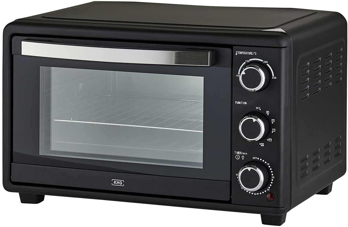 KHG MBO-25S Mini Oven with Recirculation Air 25 L Metal in Black 5 Operating Levels up to 1,500 Watt Includes Removal Handles, Grill Grate, Rotisserie and Baking Tray